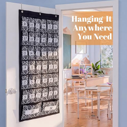 Colarr 38 Composition Book Classroom Pocket Chart Organizer with Numbers Oxford Fabric Cell Phones Calculator Holder for Classroom Pocket Organizer Hanging Chart with Numbered Slots and 4 Hooks - style: Composition Book