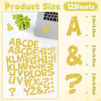 132Pcs Gold Letter Stickers Glitter Bulletin Board Letters 2.5Inch 12 Sheets Large Alphabet Stickers Self Adhesive Vinyl Poster Boards Letters for Mailbox Classroom Home Party Deco(12,Gold,2.5 Inch) - color: Gold, size: 2.5 Inch