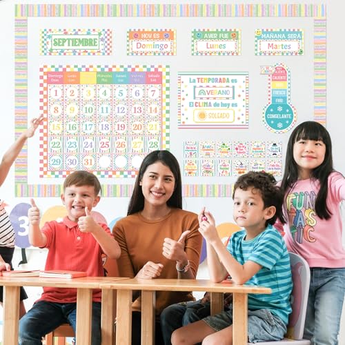 AmazingSpark 85 Pcs Spanish Pastel Classroom Calendar Bulletin Board Set for Teachers Seasons Weather Days of the Week Chart Bulletin Board Calendar Set for Back to School Classroom Decoration