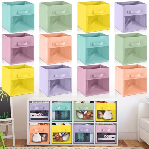Marsui 12 Pcs Clear Cube Storage Bins Pink Collapsible Kids Storage Bins Fabric Classroom Organizer with Window for Kid Playroom Room Daycare Nursery(Pastel) - color: Pastel