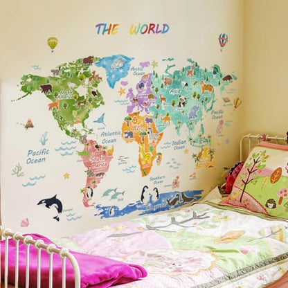 Fufuquare Large THE WORLD Animal Distribution Wall Stickers Waterproof Map Wall Decals for Children's Room Kindergarten and Classroom
