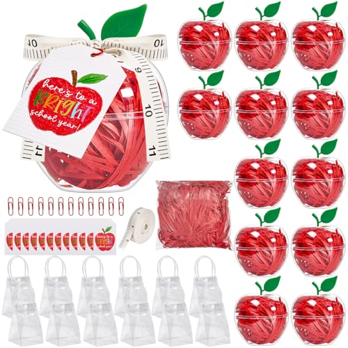 APUDWN 12 Sets Apple Shaped Gift Boxes with Handle Bags, Clear Plastic Apple Candy Containers with Tags Clips Raffia Ruler Ribbon, Back to School Classroom Gifts Welcome Treat Boxes (Clear) - color: clear