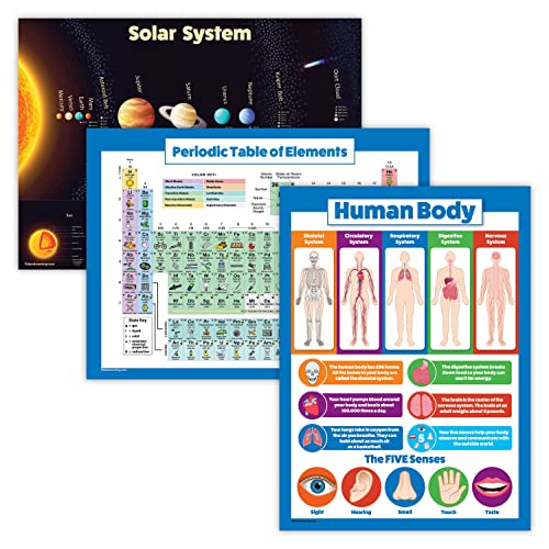 Palace Learning 3 Pack - Solar System Poster + Periodic Table of The Elements for Kids + Understand the Human Body Chart (LAMINATED, 18" x 24")