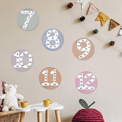 CODOHI Math Multiple Posters from 1 to 12, Boho Counting Numbers Times Table Chart, 12 Pcs Round Double Sided Skip Counting Numbers Flash Cards Poster for Wall Classroom Home Leaning 10"x10"