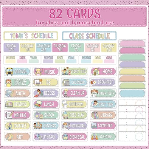 Funrous Daily Schedule Pocket Chart with 82 Cards, Linen Wall Hanging Organizer for Welcome Back to School Classroom Decorations Homeschool Visual Planner Routine Calendar(Spotty Boho) - style: Spotty Boho