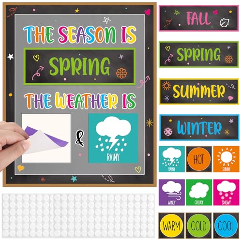 Colorful Chalkboard Season and Weather Calendar Bulletin Board Season Calendar Posters with Weather Cards Hook and Loop Dots for Classroom Wall Decor Preschool Kindergarten Student Teacher Supplies - style: Colorful