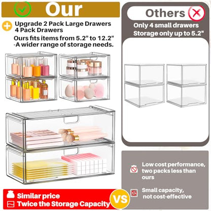 caktraie Acrylic Stackable Storage Drawers Set of 6, Clear Plastic Storage Drawer Organzier, Storage Organizer, Makeup Organizer,Ideal for Vanity, Bathroom,Cabinet,Pantry Organization - style: 2 Large+4 Medium Drawers