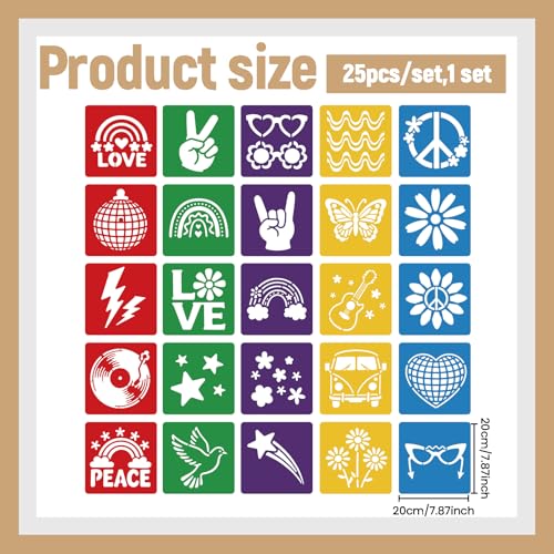 CUTHOLLOW 25 PCS Vintage Peace Painting Shape Stencils Sets - 8 Inch Reusable&Washable Drawing Template, Different Retro Primary Themed Sidewalk Chalk Art Stencils Kit for Craft Room Wall Paper - style: 25pcs-Vintage Peace Patterns