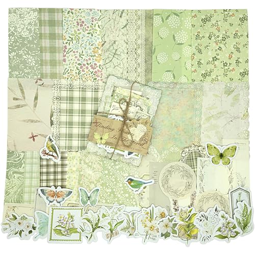 OKUPAN Vintage Floral Scrapbook Supplies Kit with Scrapbook Paper & Journaling Stickers (100pcs) - (Green) Junk Journal Supplies for Bullet Journaling, Retro Crafts, Planner, Mixed Media, Card Making - color: Green Season Flower, size: 3.9 x 5.5