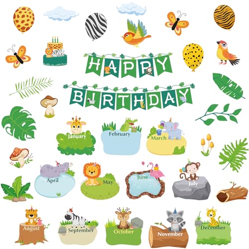 Sepamoon 35 Pcs Happy Birthday Posters Safari Jungle Animals Bulletin Board Set Classroom Birthday Wall Decoration Cutouts Calendars Chart Poster for Back to School Classroom Animal Theme Supply - color: Jungle Style