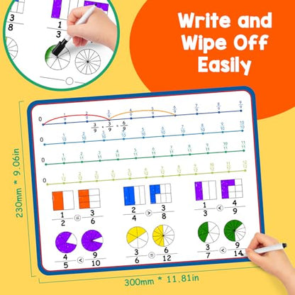 Aizweb 12 Pack Fraction Manipulatives Dry Erase Board,12"x9" Fraction Number Line Bars,Math Manipulatives Fraction Games Flash Cards for 4th-8th Grade Kids,Homeschool Classroom Teaching Supplies - style: 12 Pack fraction manipulatives number line