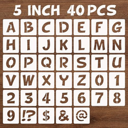 BAMIDELE 5 Inch Letter and Number Stencils, 40 Pcs Reusable Plastic Alphabet Spray Paint Stencils for Painting on Wood, Wall, Fabric, Rock, Chalkboard, Door Porch, Signage, DIY Craft Decoration - size: 5 Inch