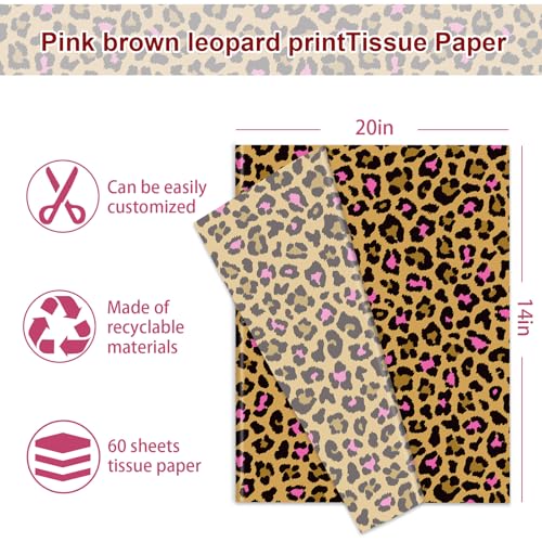 60 Sheets Leopard Print Tissue Paper Pink Floral Bouquet DIY Art Crafts Tissue Brown Safari Animal Gift Wrapping Paper for Home Classroom Office Party DIY Crafts Supplies, 14 x 20 Inch - color: Pink
