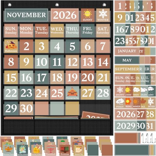 Classroom Calendar Pocket Chart Set – 118 Cards, Bulletin Board & Wall | Boho Classroom Decoration, Homeschool, Teacher, Seasons, Festival, Weather, Boho Classroom Decor, Back to School - color: Black