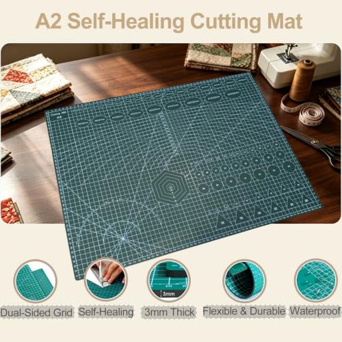 Slotted Quilting Ruler 17.75" x 22" – XL Slotted Ruler for Precision Fabric Cutting, with A2 Self-Healing Mat & 2 Blades, Quilting Supplies Kit for Crafting - size: Extra Large