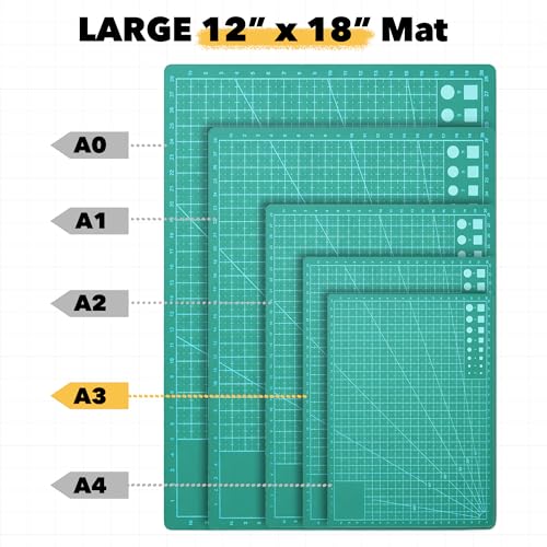 Mandala Crafts Self-Healing Cutting Mat Set – 12" x 18" A3 Green Double-Sided 5-Ply Mat with Fabric Cutter, Quilt Ruler & Craft Knife for Sewing, Quilting, Leather & Scrapbooking - color: Green Combo, size: 12 x 18 Inches Mat Combo