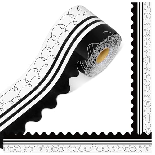 Kolldenn 68.9ft Black and White Bulletin Board Border Black White Squiggles and Stripes Classroom Borders Trim Rolled Die Cut for Bulletin Board Chalkboard School Teachers Wall Decor(Scalloped) - style: Scalloped