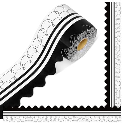 Kolldenn 68.9ft Black and White Bulletin Board Border Black White Squiggles and Stripes Classroom Borders Trim Rolled Die Cut for Bulletin Board Chalkboard School Teachers Wall Decor(Scalloped) - style: Scalloped