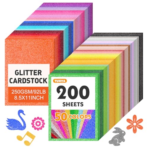 TUXIYA 200 Sheets 8.5" X 11" Glitter Cardstock,50 Assorted Colors 250GSM/92LB Glitter Cardstock,No-Shed Sparkly Glitter Paper for Arts and Crafts, Decorative, Card Making, Scrapbooking, DIY Projects - size: 200p