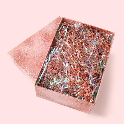 PAPER FAIR Metallic Iridescent Rose Gold Crinkle Cut Paper Shredded Filler, 5OZ Rosy Pink Gold Grass Raffia Tissue, Strands Shred Craft Bedding Cushion Paper, for Christmas Wedding Mothers Day Bridesmaid Engagement Gift Boxes Bags Retail Decoration - colo