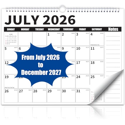 Wall Calendar 2026-2027 (July 2026 - December 2027) - 18 Month Large Hanging Calendar 14.57 x 11.42 Inches, Monthly Planner with Ruled Blocks, Thick Paper, Holidays, To-Do List & Notes for Home, Office, Classroom - color: Black