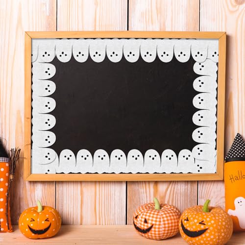 Whaline 65.6Ft Halloween Bulletin Board Border Glitter White Ghost Die Cut Trim Border Roll for Spooky Chalkboard Wall Decor - style: Ghost