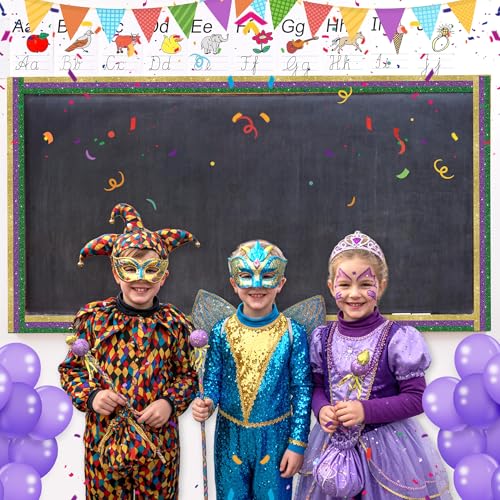 BeYumi Mardi Gras Border Trim - 65ft Mardi Gras Straight Rolled Border Trim Classic Glitter Yellow Purple Green Bulletin Board Set Carnival Holiday Masquerade Party School Classroom Home Wall Decor - style: Mardi Gras