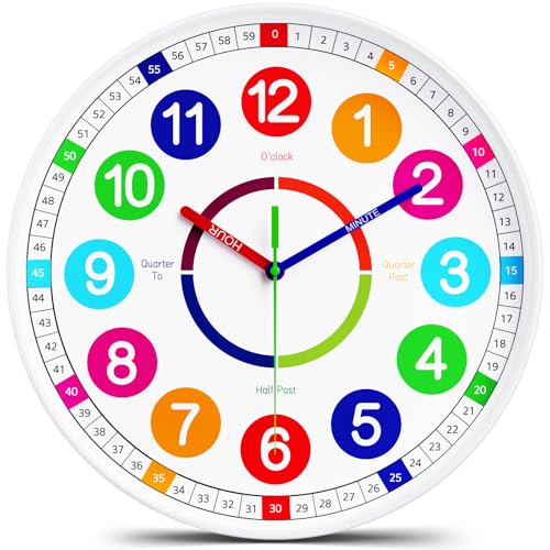 Kids Wall Clock - Non-Ticking, Battery-Operated Time Teaching Clock for Kids, Ideal for Children’s Bedrooms, Playrooms, and Stylish Home Décor – White, 12 Inch - size: 12 Inch