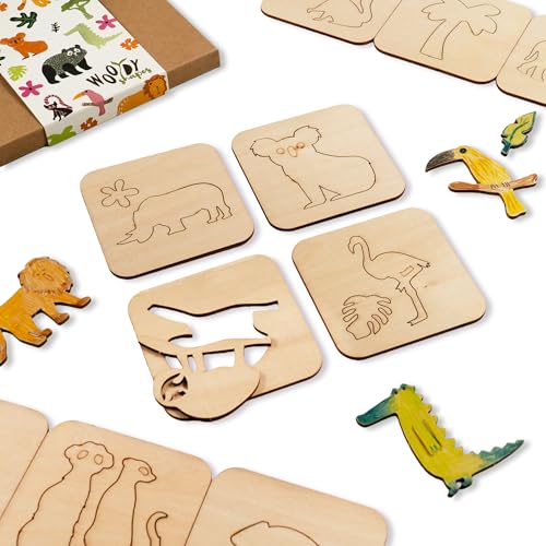 NAKLEO Wooden Stencils for Kids, Set of 20 Pcs 3.7x3.7” Jungle Savannah Animals, Montessori Children Templates Educational Toy Creative DIY Decoration Arts and Crafts Painting Paper Wood Fabric - color: Jungle & Savannah