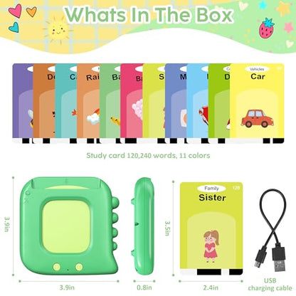 Talking Flash Cards,Kids Toddler Flash Cards with 240 Sight Words,Montessori Toys,Autism Sensory Toys,Speech Therapy Toys,Learning Educational Toys Gifts for Age 4 5 6 Years Old Boys and Girls - style: Dinosaur Green