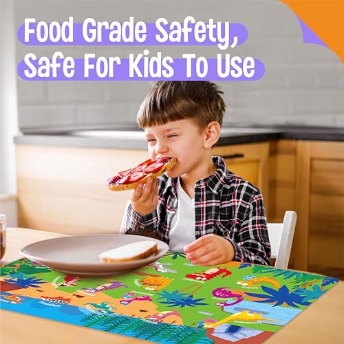 6 Pack Placemats for Kids, Non-Slip Washable Dining Mats, Reusable Jungle, Underwater World, Farm, Dinosaur, Vehicle & Magic World Table Mats for Home, Kindergarten, Classroom, Nursery - style: Animal World