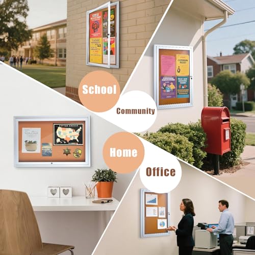 Enclosed Cork Bulletin Board 36"x24" Outdoor Weatherproof Cork Noticeboard with Locking Door Wall-Mounted Silver Aluminium Frame for Home, School, Office, Community, Hospital