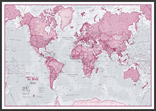 Maps International Large The World is Art Wall Map - Pink - Push Pin Board Mounted with Black Wood Frame - 36 x 48 - size: 48 x 36 Wood Frame Black