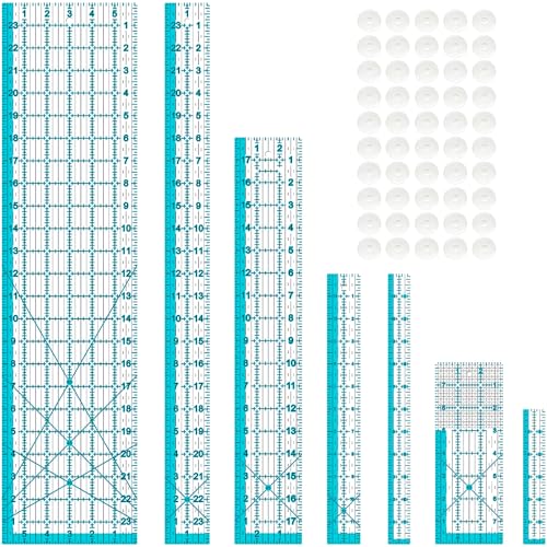 Acrylic Ruler 7 Piece Set, Non Slip Rings 50 Pieces, Quilting Rulers, Size (6"x24"), (2"x24"), (3"x18"), (3"x8"), (1.5"x12"), (1"x12"), (1"x6") (Blue-7 Piece Set) - color: Blue-7 piece set