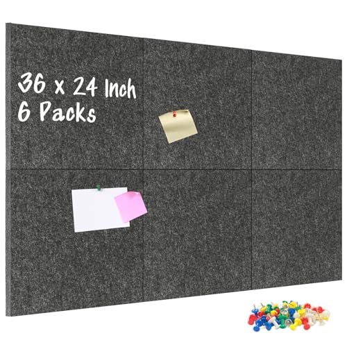 DOLLAR BOSS Felt Cork Board Tiles 48" x 36" Bulletin Board, 12 Pcs Grey | 1/2" Thick, Self Adhesive, Acoustic Soundproof Panels for Walls, Includes 120 Pushpins, For Home Office Kitchen School - color: Grey, size: 6 PCS