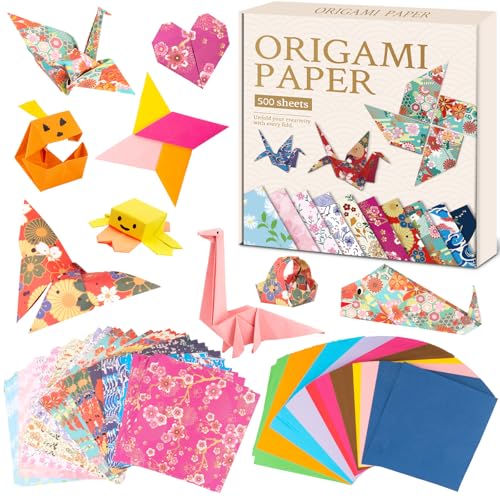DoodleDoo Origami Paper Kit, Japanese Style Patterns Double Sided Color Origami, 500 Sheet Folding Paper Set, Gift for Kids Boys Girls - style: Japanese style+Solid color
