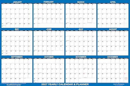 36" x 54" SwiftGlimpse 2027 Wall Calendar Erasable XXLarge Wet & Dry Erase Laminated 12 Month Annual Yearly Wall Planner, Reversible, Horizontal/Vertical, Navy - size: 36" x 54"