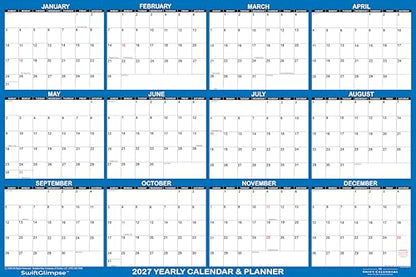 32" x 48" SwiftGlimpse 2027 Wall Calendar Erasable XLarge Wet & Dry Erase Laminated 12 Month Annual Yearly Wall Planner, Reversible, Horizontal/Vertical, Dark Blue - size: 32" x 48"