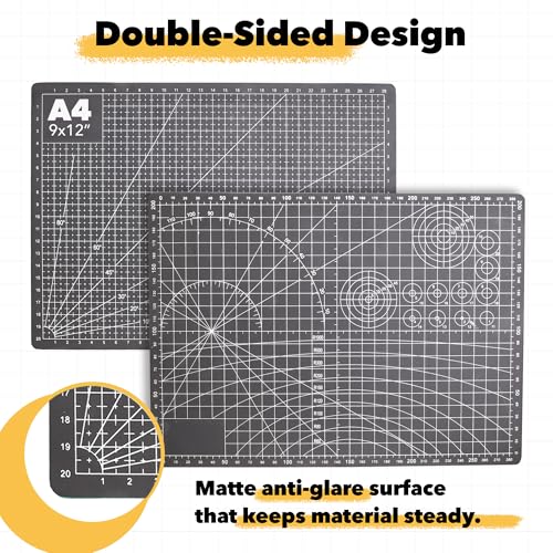 Mandala Crafts Self-Healing Cutting Mat Set – 9" x 12" A4 Black Gray Double-Sided 5-Ply Mat with Fabric Cutter, Quilt Ruler & Craft Knife for Sewing, Quilting, Leather & Scrapbooking - color: Black Combo, size: 9 x 12 Inches Mat Combo