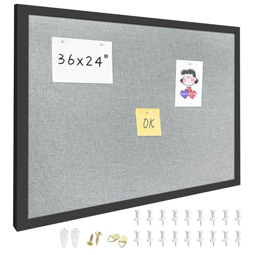 36×24 Inch Cork Board for Wall Hanging with Linen, Bulletin Board with Push Pins, Mounted Memo Message Board for Home Office Decor, Dorm Room Essentials, Classroom Organization - color: Grey, size: 36*24inch