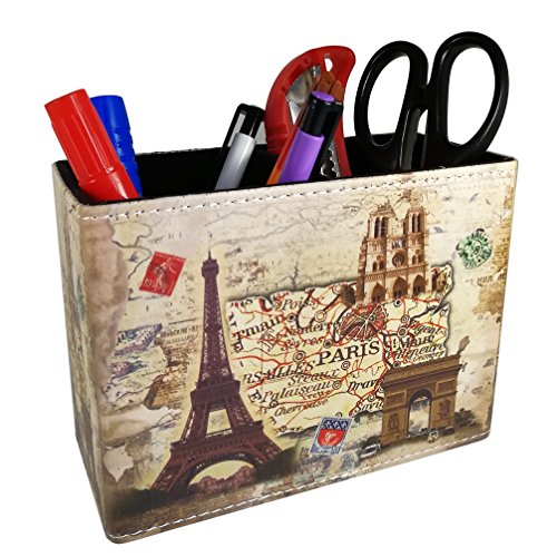 DreamsEden Vintage Pen Pencil Holder Cup Retro Pattern Desk Organizer for Home Office Bedroom (Beige Paris Eiffel Tower Square) - color: Beige Paris Eiffel Tower Rectangle