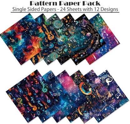 Cosmic Galaxy Scrapbook Paper Pad, 6 x 6 Inch Musical Note & Guitar 160gsm Cardstock for Scrapbooking, 24 Sheets Watercolor Starry Night Paper for Junk Journaling, Card Making - color: 21011A - 6×6