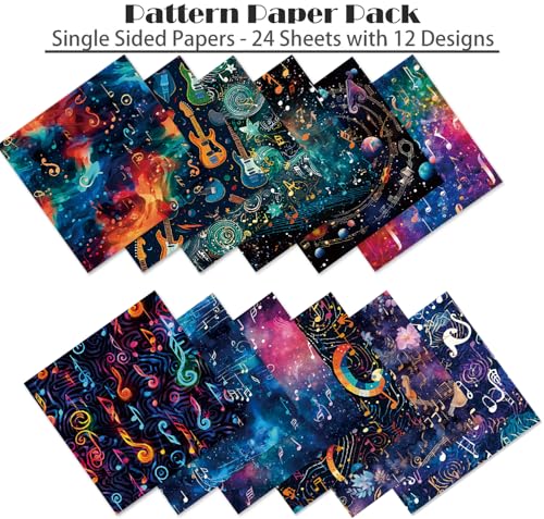 Cosmic Galaxy Scrapbook Paper Pad, 6 x 6 Inch Musical Note & Guitar 160gsm Cardstock for Scrapbooking, 24 Sheets Watercolor Starry Night Paper for Junk Journaling, Card Making - color: 21011A - 6×6