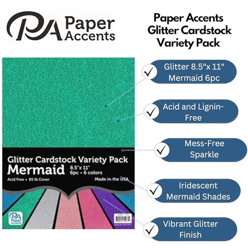 Accent Design Paper Accents Variety Pack, Glitter Cardstock, Mermaid, 8.5x11 Inch, 6 Pack, Iridescent Glitter Cardstock, Scrapbooking, Cards, and Party Decor