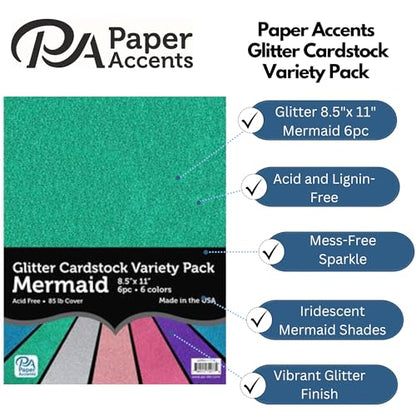 Accent Design Paper Accents Variety Pack, Glitter Cardstock, Mermaid, 8.5x11 Inch, 6 Pack, Iridescent Glitter Cardstock, Scrapbooking, Cards, and Party Decor