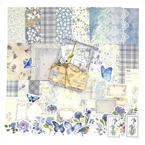OKUPAN Vintage Floral Scrapbook Paper & Journaling Stickers (100pcs) Assorted Set (Blue) - Junk Journal Supplies for Bullet Journaling, Retro Crafts, Planner, Mixed Media, Collage Card Album - color: Blue Season Flower, size: 3.9 x 5.5