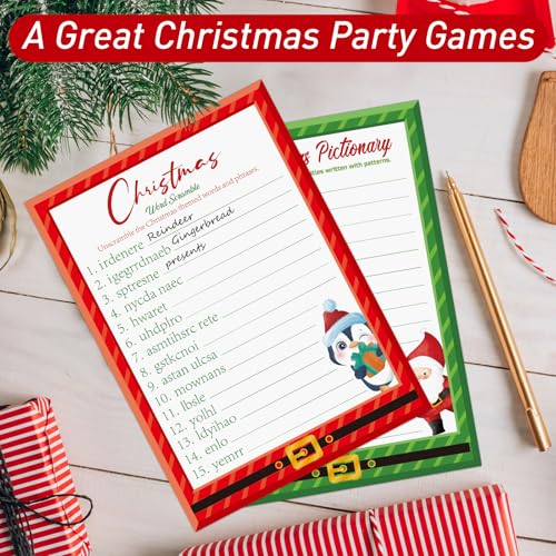 COCHIE 30 Players Christmas Party Games for Adults Family Office Large Groups, Xmas Parties Songs Pictionary Game, Riddle Game, Word Scramble Games with Answer Key (Santa & Penguin) - style: Santa & Penguin