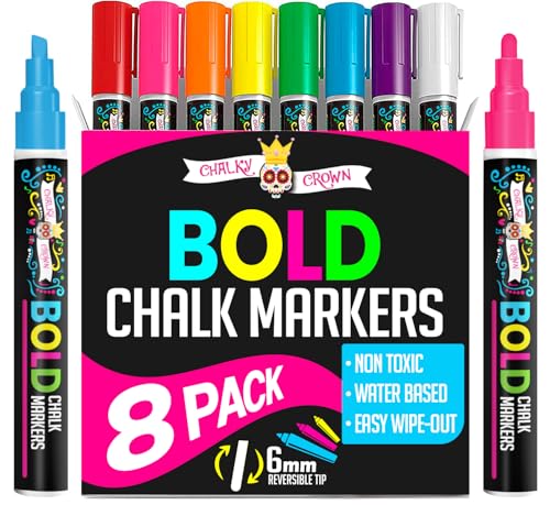 Bold Chalk Markers - Dry Erase Marker Pens - Liquid Chalk Markers for Chalkboards, Signs, Windows, Blackboard, Glass, Mirrors - Chalkboard Marker with Reversible Tip (8 Pack) - (Multicolored, 6mm) - style: 6mm - 8 Pack