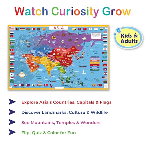 Tot Talk Asia Educational Placemat for Kids – Made in USA – Durable, Double-Sided Placemat Countries, Capitals, Flags, Waterways, Landmarks & Memory Activities – Waterproof Wipeable, 17.5” x 11.5” - color: Asia