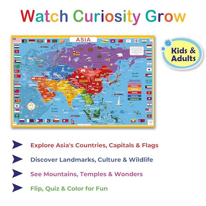 Tot Talk Asia Educational Placemat for Kids – Made in USA – Durable, Double-Sided Placemat Countries, Capitals, Flags, Waterways, Landmarks & Memory Activities – Waterproof Wipeable, 17.5” x 11.5” - color: Asia
